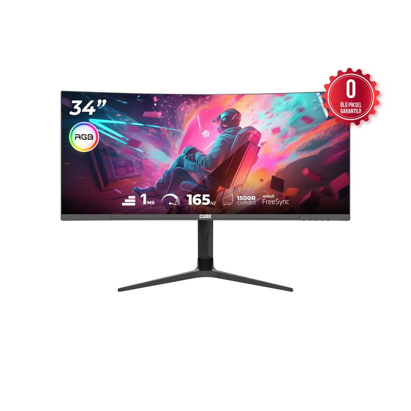 34 CUBE PA-34V165C VA 1MS 165HZ HDMI DP TYPE-C USB 2K WQHD 3440X1440 FREESYNC CURVED YUKSEKLIK AYARI VESA RGB SIYAH GAMING